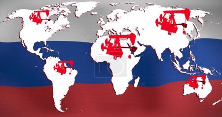 Bild der Weltkarte mit Pumpstutzen über der Flagge Russlands. Ölgeschäft, Energie, Verkehr, Finanzen und Wirtschaft Konzept digital erzeugtes Image.
