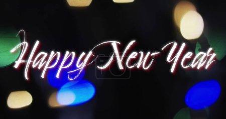 Photo for Image of happy new year text over spots of light background. New year, tradition and celebration concept digitally generated image. - Royalty Free Image