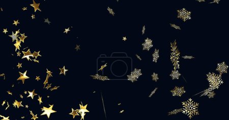 Image d'étoiles d'or de Noël et de neige tombant sur fond noir. Noël, hiver, fête, tradition et concept de célébration image générée numériquement.