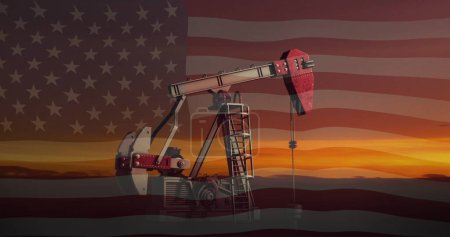 Photo for Image of pump jack over american flag. Oil business, energy, transport, finance and economy concept digitally generated image. - Royalty Free Image
