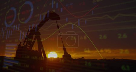 Photo for Image of financial data processing with graph over pumpjack on black background. Global business, finances and digital interface concept digitally generated image. - Royalty Free Image