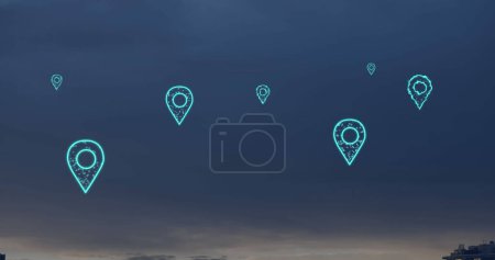 Photo for Image of digital location icons flying over landscape. Global internet networks, computing, connections and data processing concept digitally generated image. - Royalty Free Image
