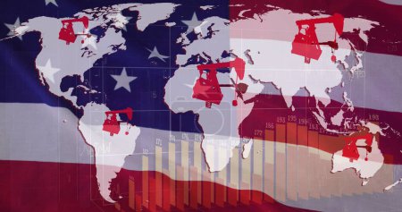 Image of pump jacks over word map and flag of USA. Oil business, energy, transport, finance and economy concept digitally generated image.