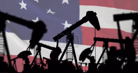 Bild von Pumpstutzen über der Flagge der USA. Ölgeschäft, Energie, Verkehr, Finanzen und Wirtschaft Konzept digital erzeugtes Image.