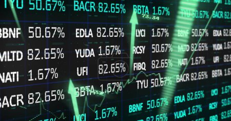 Foto de Imagen del mercado de valores con gráfico y flechas sobre fondo negro. Concepto de negocio global, finanzas e interfaz digital - Imagen libre de derechos