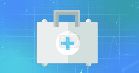 Photo for Image of medical icons and medical kit on blue background. Global medicine and digital interface concept digitally generated image. - Royalty Free Image
