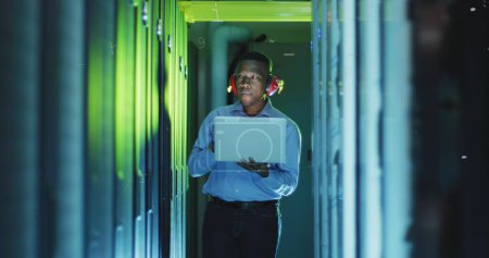 Photo for Image of data processing and padlock over african american male worker in server room. global technology and digital interface concept digitally generated image. - Royalty Free Image