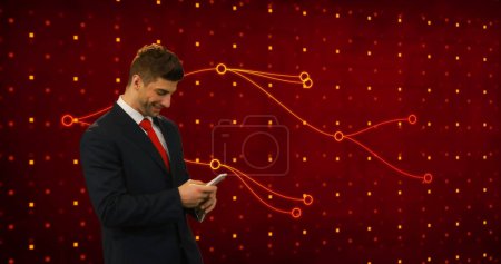 Photo for Image of caucasian businessman using smartphone over red background with dots. data processing, business and technology concept digitally generated image. - Royalty Free Image