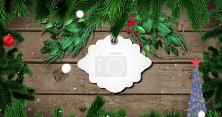 Image de signe de Noël avec espace de copie, décorations et neige tombant sur fond en bois. Noël, hiver, fête, tradition et concept de célébration image générée numériquement.