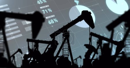 Image of graphs over pump jacks. Oil business, energy, transport, finance and economy concept digitally generated image.