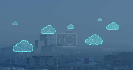 Photo for Image of digital clouds flying over cityscape. Global cloud computing, connections and data processing concept digitally generated image. - Royalty Free Image