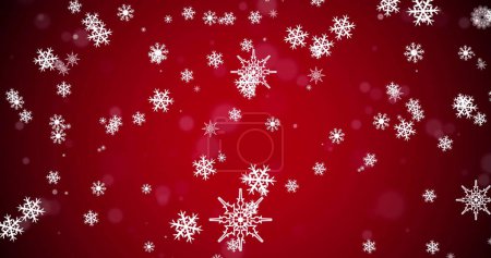 Image of christmas snow falling on red background. Christmas, winter, festivity, tradition and celebration concept digitally generated image.