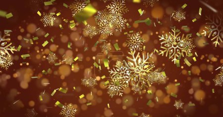 Image d'étoiles d'or de Noël et confettis tombant sur fond brun. Noël, hiver, fête, tradition et concept de célébration image générée numériquement.