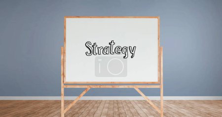 Photo for Digital image of a strategy text written on a white board with wooden frame inside a room with grey walls and wooden floor - Royalty Free Image