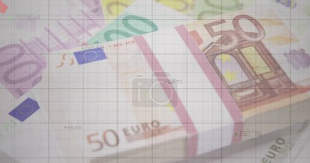 Euro-Banknoten werden auf Finanzdiagrammen überlagert, die auf wirtschaftliche Analysen hinweisen. Die Verschmelzung von Geld und Daten legt einen Fokus auf Finanzmärkte und Anlagestrategien nahe.