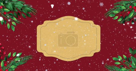 Image de signe de Noël avec espace de copie, décorations et neige tombant sur fond rouge. Noël, hiver, fête, tradition et concept de célébration image générée numériquement.