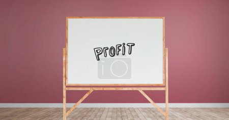 Photo for Digital image of a profit text written in a white board with wooden frames in a room with pink walls and wooden floor. - Royalty Free Image