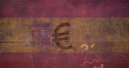 Die spanische Flagge wird von einem Euro-Symbol überlagert, das wirtschaftliche Themen symbolisiert. Sie repräsentiert Spaniens Finanzmarkt oder wirtschaftlichen Status innerhalb der Eurozone..