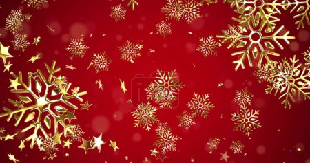 Foto de Imagen de copos de nieve de oro navideño cayendo sobre fondo rojo. Navidad, invierno, festividad, tradición y concepto de celebración imagen generada digitalmente. - Imagen libre de derechos