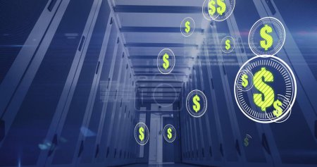 Photo for Image of dollars in circles floating over servers. digital money, crypto currency and technology concept digitally generated image. - Royalty Free Image