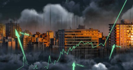 Téléchargez les photos : Image of financial data processing with graph and arrows over cityscape. Global business, finances and digital interface concept digitally generated image. - en image libre de droit