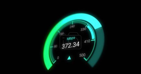Photo for Image of green speedometer over black background. Internet speed, transfer, communication and technology concept digitally generated image. - Royalty Free Image