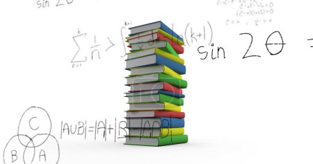 Foto de Imagen digital de un montón de libros coloridos mientras ecuaciones matemáticas y figuras se mueven en la pantalla sobre un fondo blanco - Imagen libre de derechos