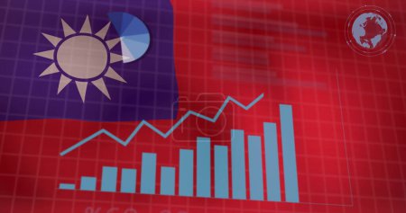 Téléchargez les photos : Image de statistiques et de traitement de données sur le drapeau ondulé de Taiwan. Business, communication, interface numérique, finance et informatique concept image générée numériquement. - en image libre de droit