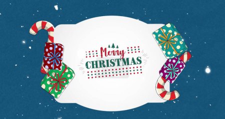 Image de Noël salutations texte, décorations et neige tombant sur fond bleu. Noël, hiver, fête, tradition et concept de célébration image générée numériquement.