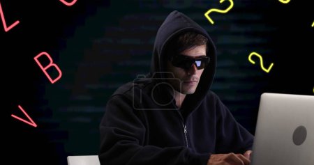 Photo for Image of numbers and letters over caucasian hacker using computer. global science, technology and digital interface concept digitally generated image. - Royalty Free Image