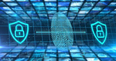 Foto de Security padlock and biometric fingerprint scanner over grid network against blue background. cyber security and technology concept - Imagen libre de derechos