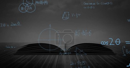 Foto de Imagen digital de un libro abierto en una tabla mientras ecuaciones matemáticas y figuras se mueven en el fondo negro - Imagen libre de derechos