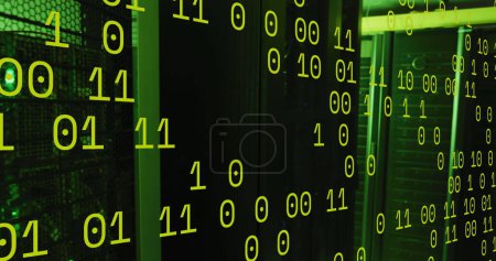 Image of green binary code over servers. data processing and technology concept digitally generated image.