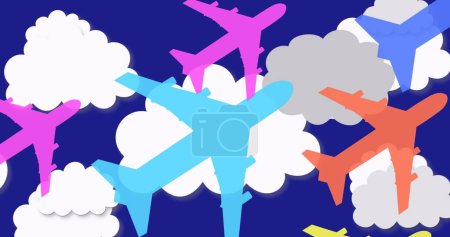 Image of colorful planes over clouds. environment, sustainability, ecology, renewable energy, global warming and climate change awareness.