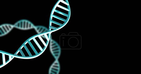 Téléchargez les photos : Image de brins d'ADN tournant avec espace de copie sur fond noir. Concept mondial de science, de recherche et de traitement des données image générée numériquement. - en image libre de droit