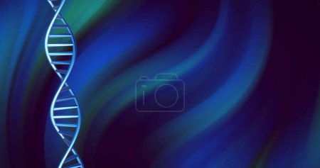 Image of dna strand spinning with copy space over blue and black background. Global science, research and data processing concept digitally generated image.
