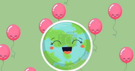Téléchargez les photos : Image de ballons et globe heureux sur fond vert. environnement, durabilité, écologie, énergies renouvelables, réchauffement climatique et sensibilisation au changement climatique. - en image libre de droit