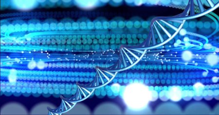 Téléchargez les photos : Image de brin d'ADN filant avec espace de copie sur fond bleu et noir. Concept mondial de science, de recherche et de traitement des données image générée numériquement. - en image libre de droit