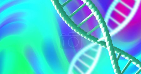 Téléchargez les photos : Image de brins d'ADN sur fond coloré. Concept de science, médecine et interface numérique image générée numériquement. - en image libre de droit