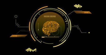 Image of scopes and scientific data processing with human brain over black background. Global science, computing and data processing concept digitally generated image.