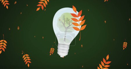 Téléchargez les photos : Image de feuilles flottant sur bulbe avec arbre sur fond vert. environnement, durabilité, écologie, énergies renouvelables, réchauffement climatique et sensibilisation au changement climatique. - en image libre de droit