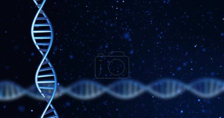 Téléchargez les photos : Image de brins d'ADN tournant avec espace de copie sur fond noir. Concept mondial de science, de recherche et de traitement des données image générée numériquement. - en image libre de droit