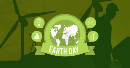 Foto de Imagen de la tierra día y globo sobre fondo verde con turbinas eólicas. medio ambiente, sostenibilidad, ecología, energías renovables, calentamiento global y concienciación sobre el cambio climático. - Imagen libre de derechos