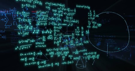 Photo for Image of mathematical formulae and scientific data processing over black background. Global science, computing and data processing concept - Royalty Free Image