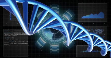 Foto de Imagen de la hebra de ADN girando con procesamiento de datos sobre fondo negro. Concepto global de ciencia, investigación y procesamiento de datos imagen generada digitalmente. - Imagen libre de derechos