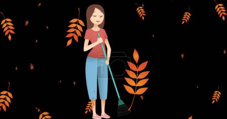 Image of leaves over woman holding broom. environment, sustainability, ecology, renewable energy, global warming and climate change awareness.