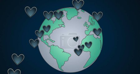 Image of globe and hearts on dark blue background. environment, sustainability, ecology, renewable energy, global warming and climate change awareness.