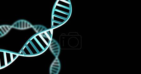 Téléchargez les photos : Image de brins d'ADN filant avec des traînées lumineuses sur fond sombre. Concept mondial de science, de recherche et de traitement des données image générée numériquement. - en image libre de droit