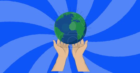 Foto de Imagen de manos sosteniendo globo sobre fondo azul espiral. medio ambiente, sostenibilidad, ecología, energías renovables, calentamiento global y concienciación sobre el cambio climático. - Imagen libre de derechos