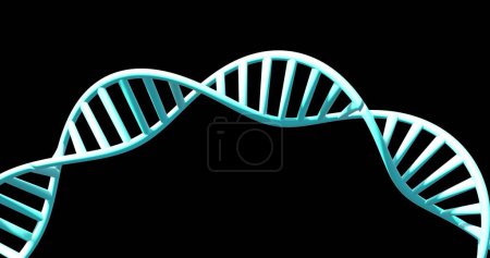 Téléchargez les photos : Image de brin d'ADN filant avec espace de copie sur fond noir. Concept mondial de science, de recherche et de traitement des données image générée numériquement. - en image libre de droit